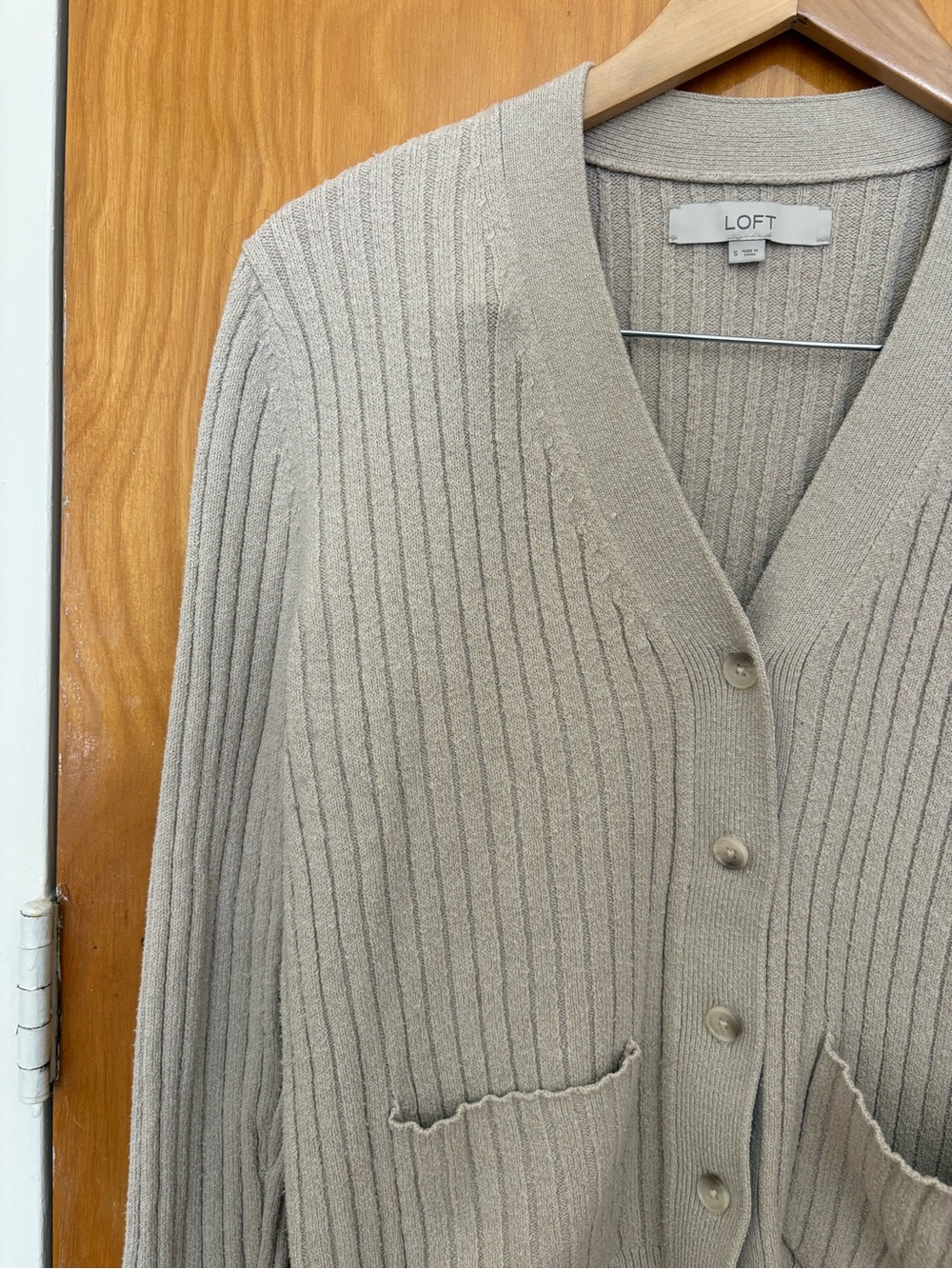 LOFT Beige Ribbed V-Neck Button Cardigan - Picture 3 of 4
